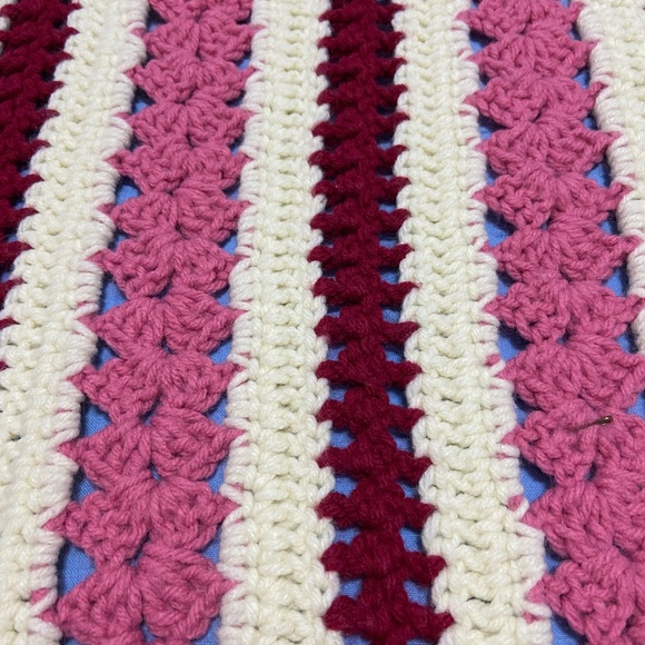 Vintage Handmade Crocheted Afghan Blanket; Rose, Pink, and Cream Stripes; 45x60 - Picture 9 of 10